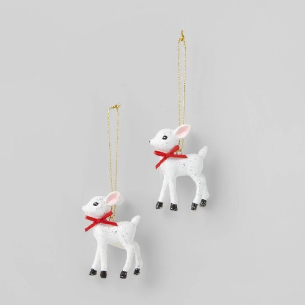 Retro Deer Christmas Ornament Set White 2 pack nwt